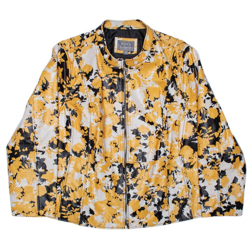 Jessica London Zip Front Floral Yellow, Black & Cream Leather Jacket Plus Size